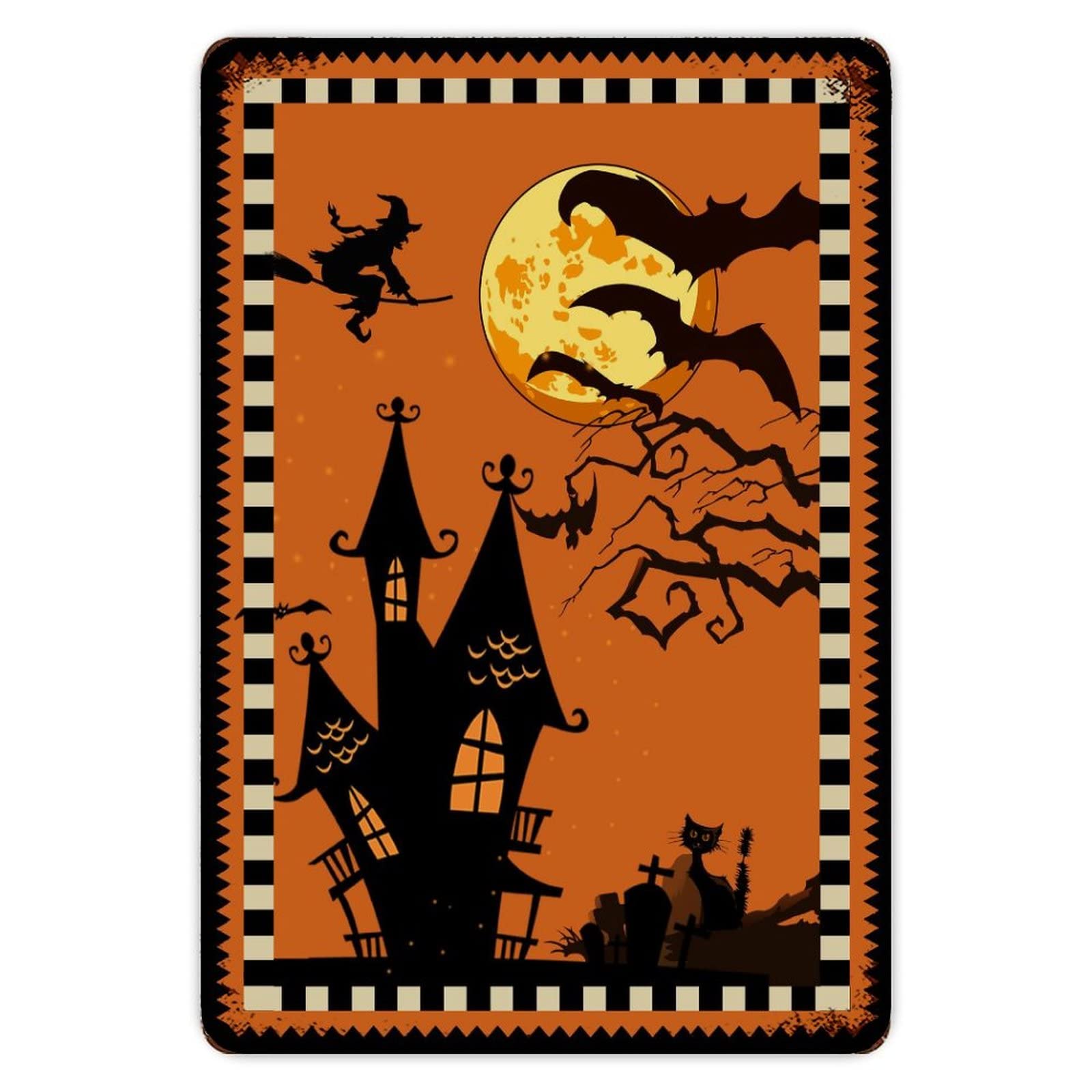 ENEDNATE Happy Halloween Scary Night Moon Witch Bats Black Cat Grave Vintage Metal Sign 8x12 Decorative Aluminum Tin Sign for Indoor Outdoor Kitchen Bar Restaurant Cafe Pub Wall Art Decor Poster