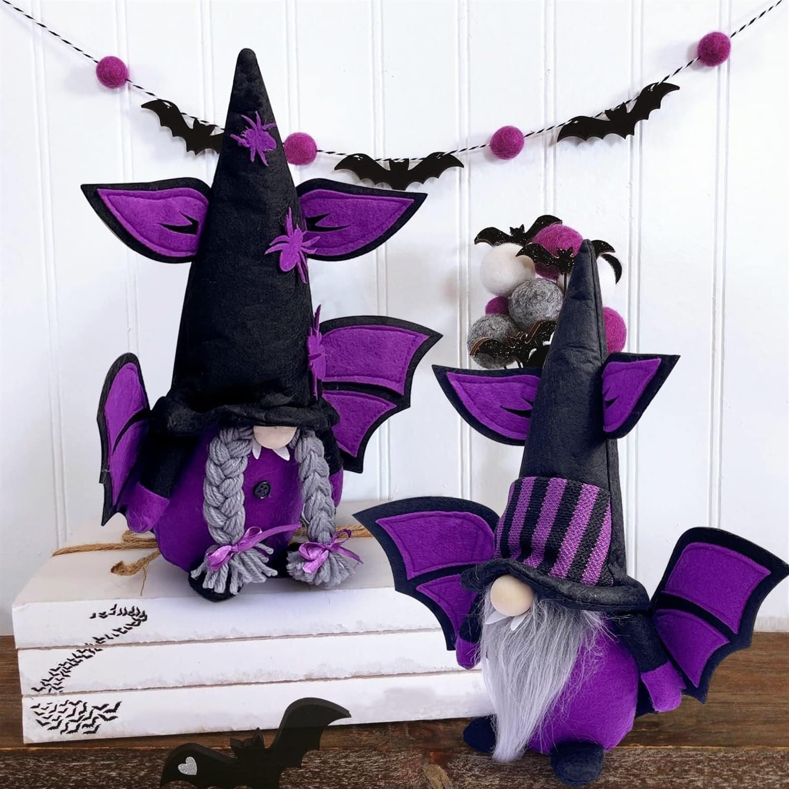 THE WHITE SHOP Halloween Gnomes Decoration Bat Wing Figuress Plush - 2 Pack 11.8" Plush Gnome Dolls, Handmade Halloween Decorations for Home, Yard, Party, or Gift (Bat Wing Gnomes)