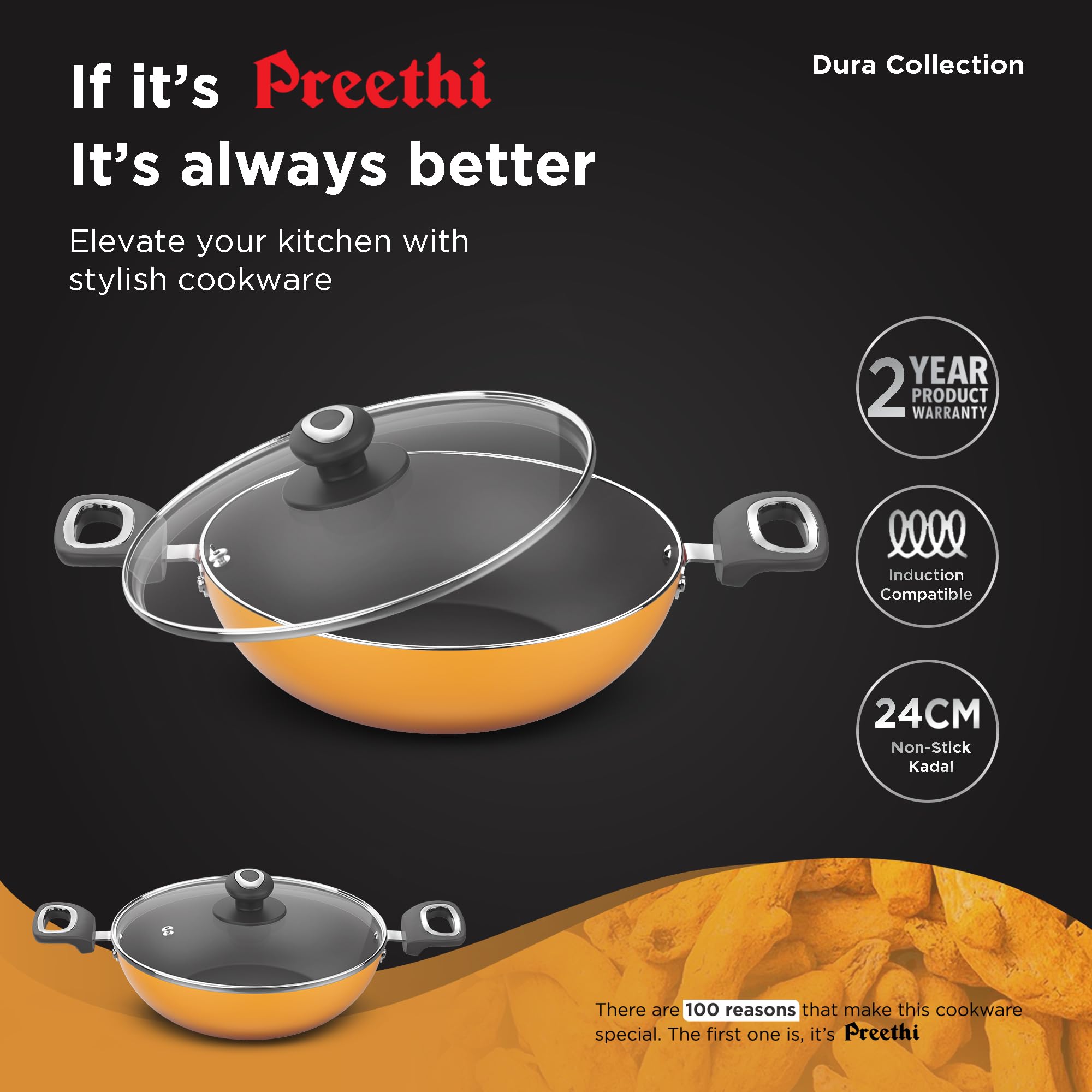 Preethi Dura Collection Non Stick Kadai, 24 cm, with Glass Lid, Gas & Induction Compatible, 5 Star Non Stick Effect, Turmeric Yellow 1