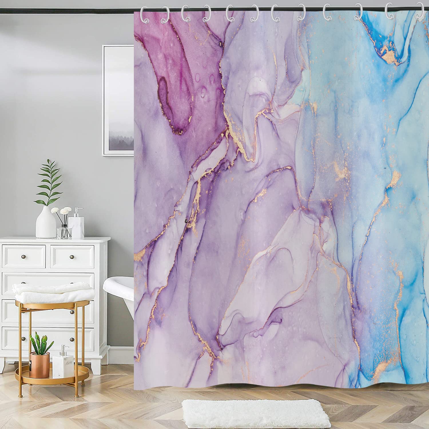 ASDCXZ Shower Curtain Marble 180x220 cm, Modern Abstract Purple Gold Blue Marble Optic Texture Washable Fabric Shower Curtains Polyester Textile Waterproof Shower Curtain for Bathtub with 12 Hooks — image 1