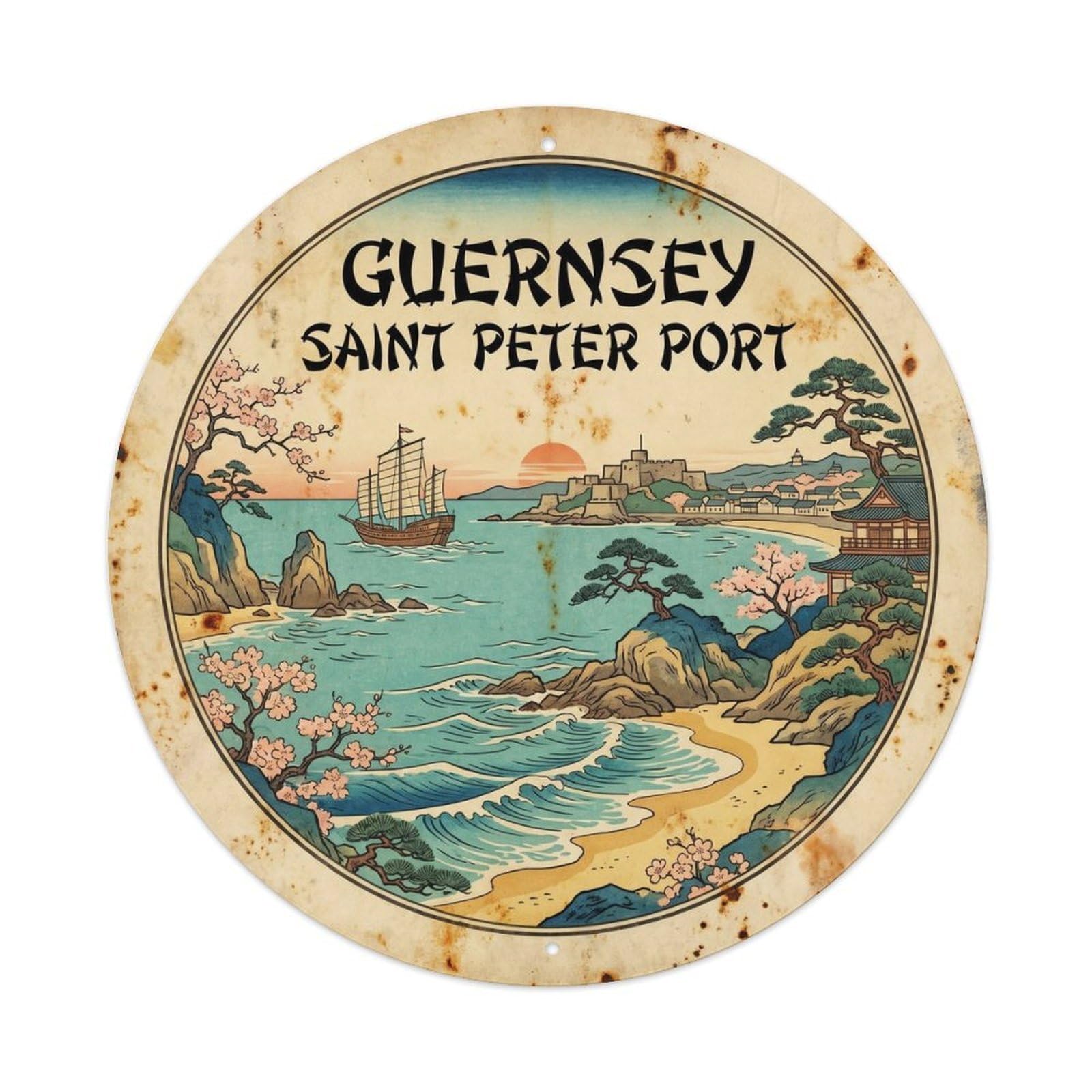 Olhnbad 08X08inch Style Atlantic Island Guernsey Saint Peter Port Harbor Travel Metal Tin Sign