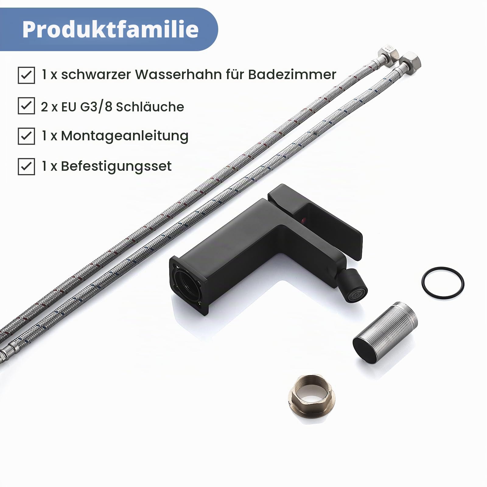 Bidet Wasserhahn Bad Schwarz Einhebel Bidetarmatur Drehbar Auslauf | Auslauf Höhe 110mm, Keramikkartusche, Luftsprudler, 60cm Flexschlauch, G3/8 Anschlüsse, Wassersparend,Eckig, Massives Messing