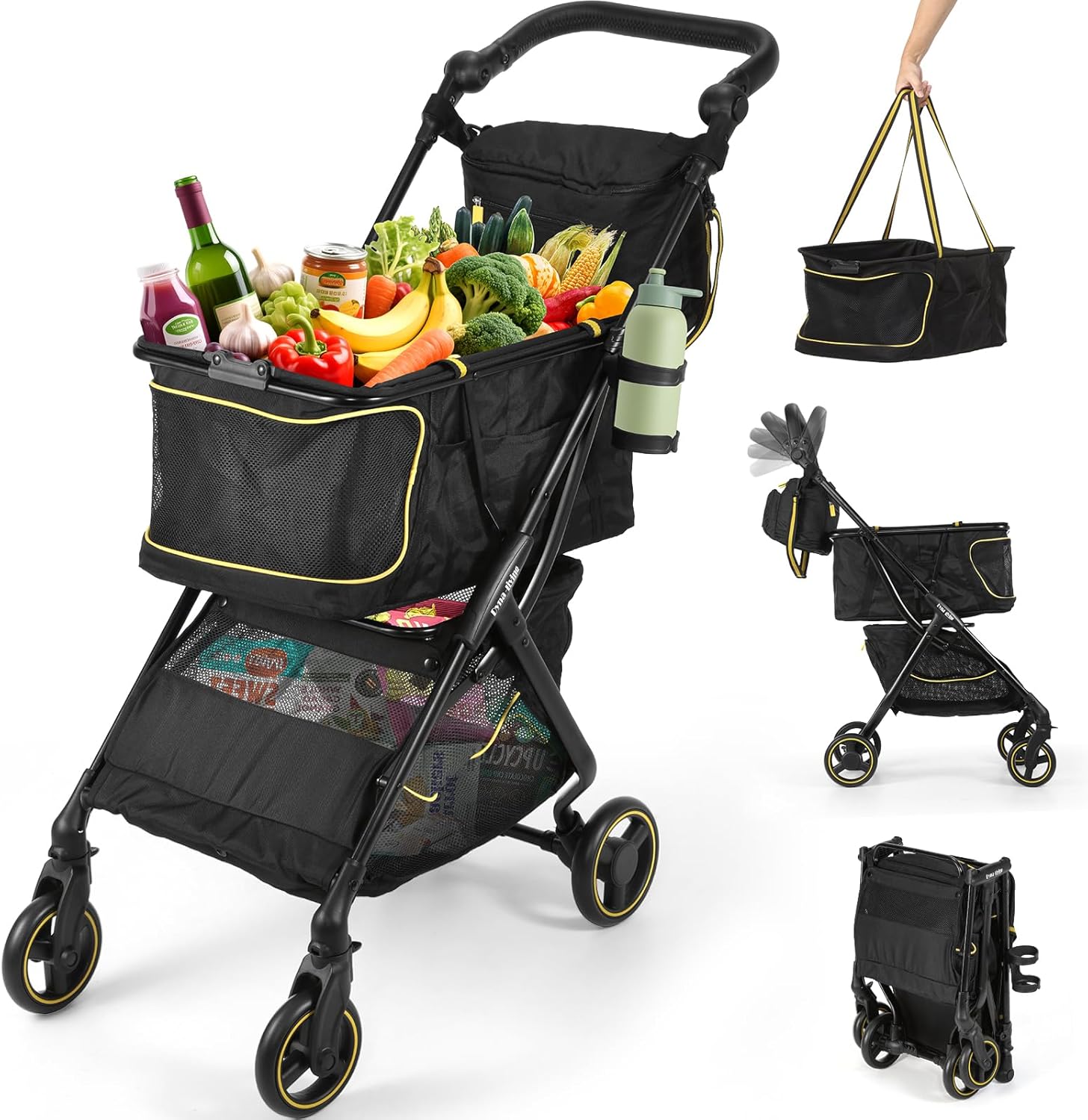 Dyna-Living Folding Shopping Cart for Groceries 70 LBS Load-Capacity Foldable Shopping Stroller, 2 Tier Portable Personal Grocery Cart Height-Adjustable Handle, 360° Swivel ER Wheels, Black
