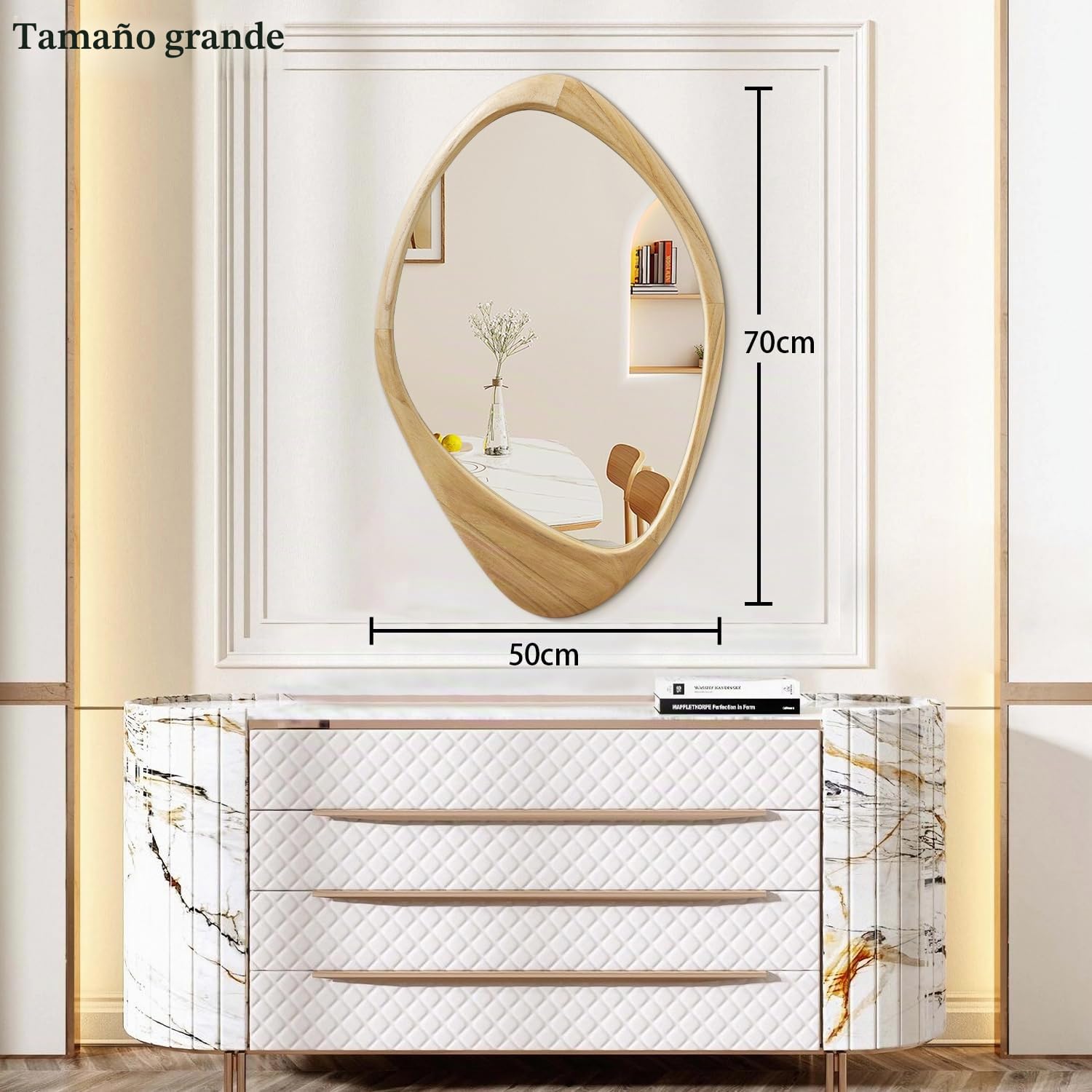 AAZZKANG Espejo de pared grande con marco de madera irregular de 70 x 50 cm, espejos colgantes asimétricos decorativos para baño, dormitorio, sala de estar, entrada