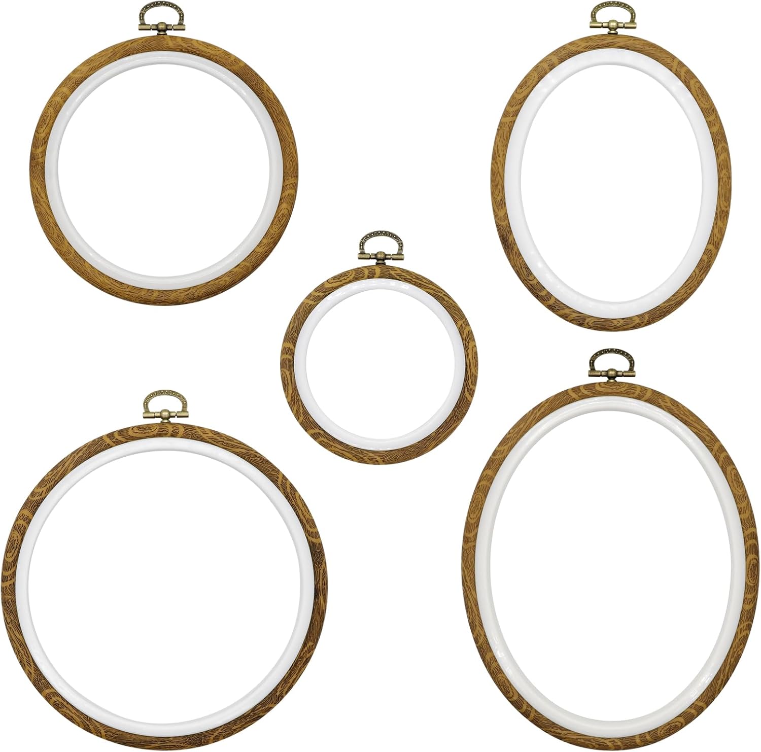 Faylapa 5Pcs Embroidery Hoop Round Oval Cross Stitch Hoop Ring Decorative Imitated Wood Display Frame 3.9 inch to 7.4 inch for Embroidery, Cross Stitch, Craft Sewing DIY Hanging Decoration