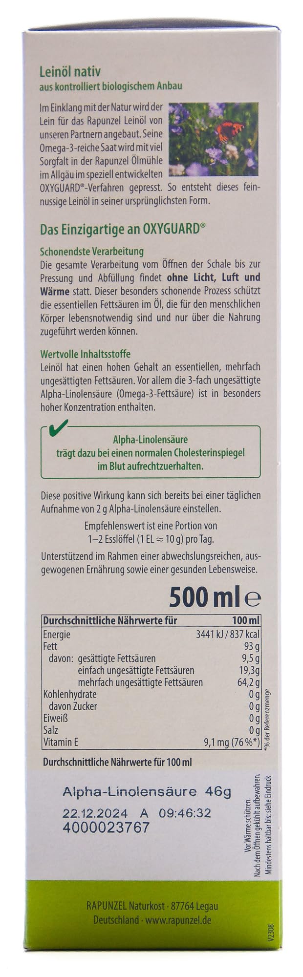 (23,58EUR/L) Leinöl nativ 3x500ml bio Rapunzel "VORRATSPACK" NEU