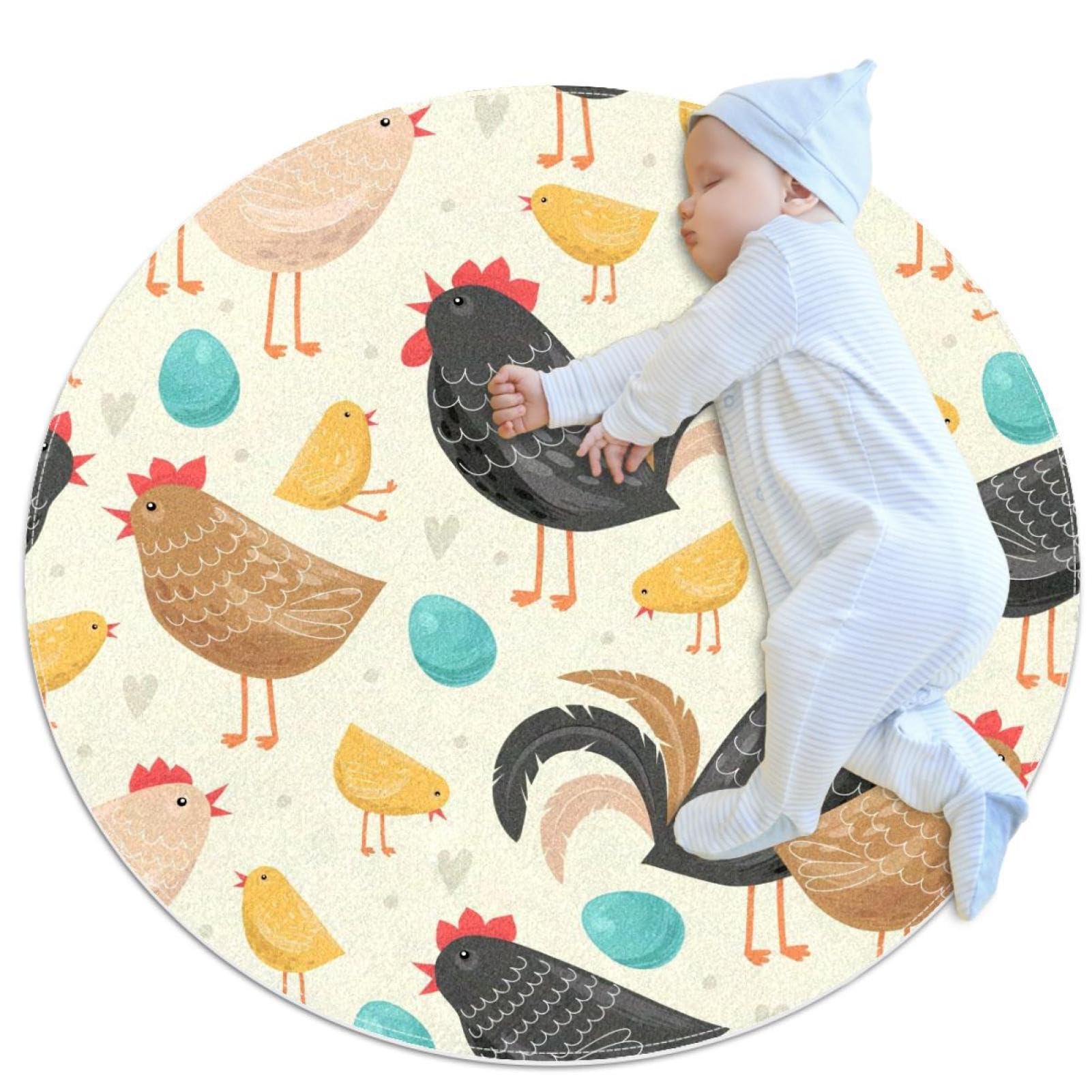 Tapis de salle de bain antidérapant rond 1m avec motif coq dessin animé pour enfants