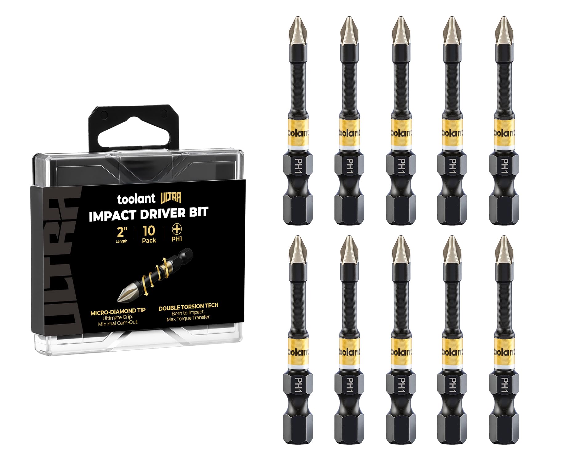 toolant Phillips Impact Screwdriver Bit Set 2 Inch PH1, 10 Pack Magnetic Anti Slip CNC Machined Tips Impact Steel X2 Driver Bit Set for Impact Driver