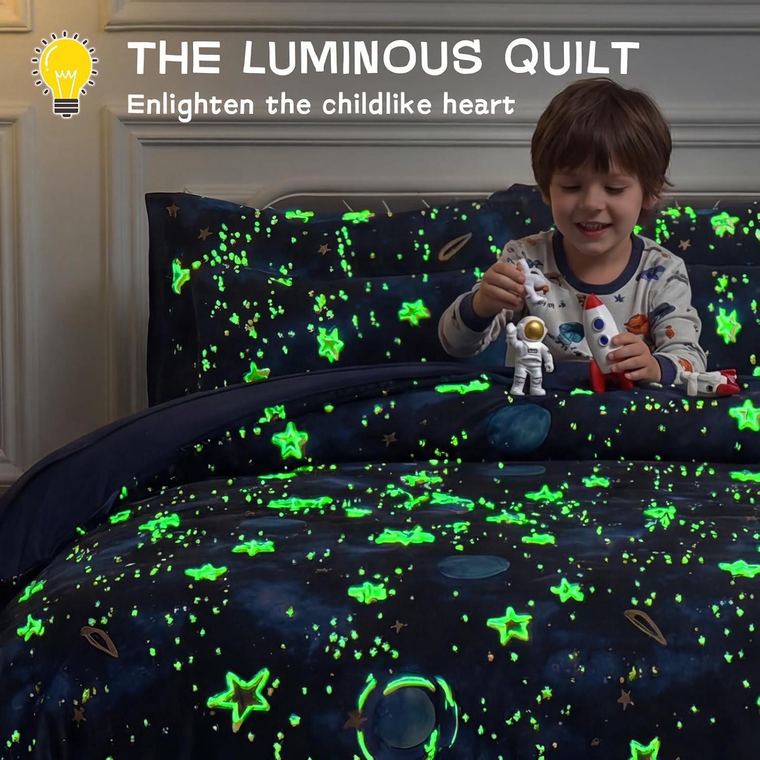 Kids Comforter Sets Full Size for Boys, Glow in The Dark Blue Starry Sky Space Bedding Set 4 Pieces - Boy Soft Bed Set with Pillow Shams
