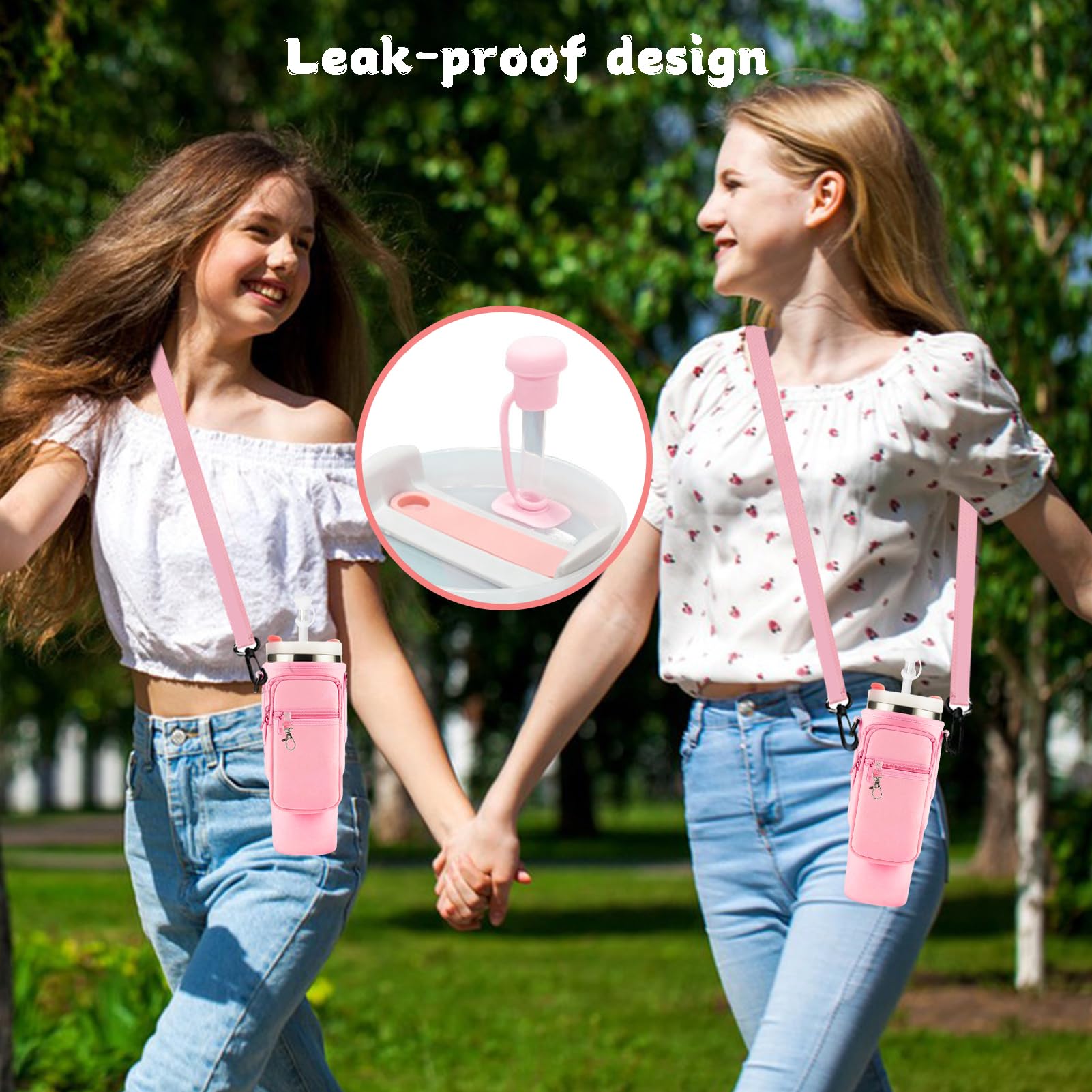Huahuanghui Borsa porta bottiglie d'acqua per bicchiere,borse a tracolla con porta bottiglia d'acqua,porta borraccia tracolla,con cinghia regolabile con copertura per cannuccia e moschettone (rosa)