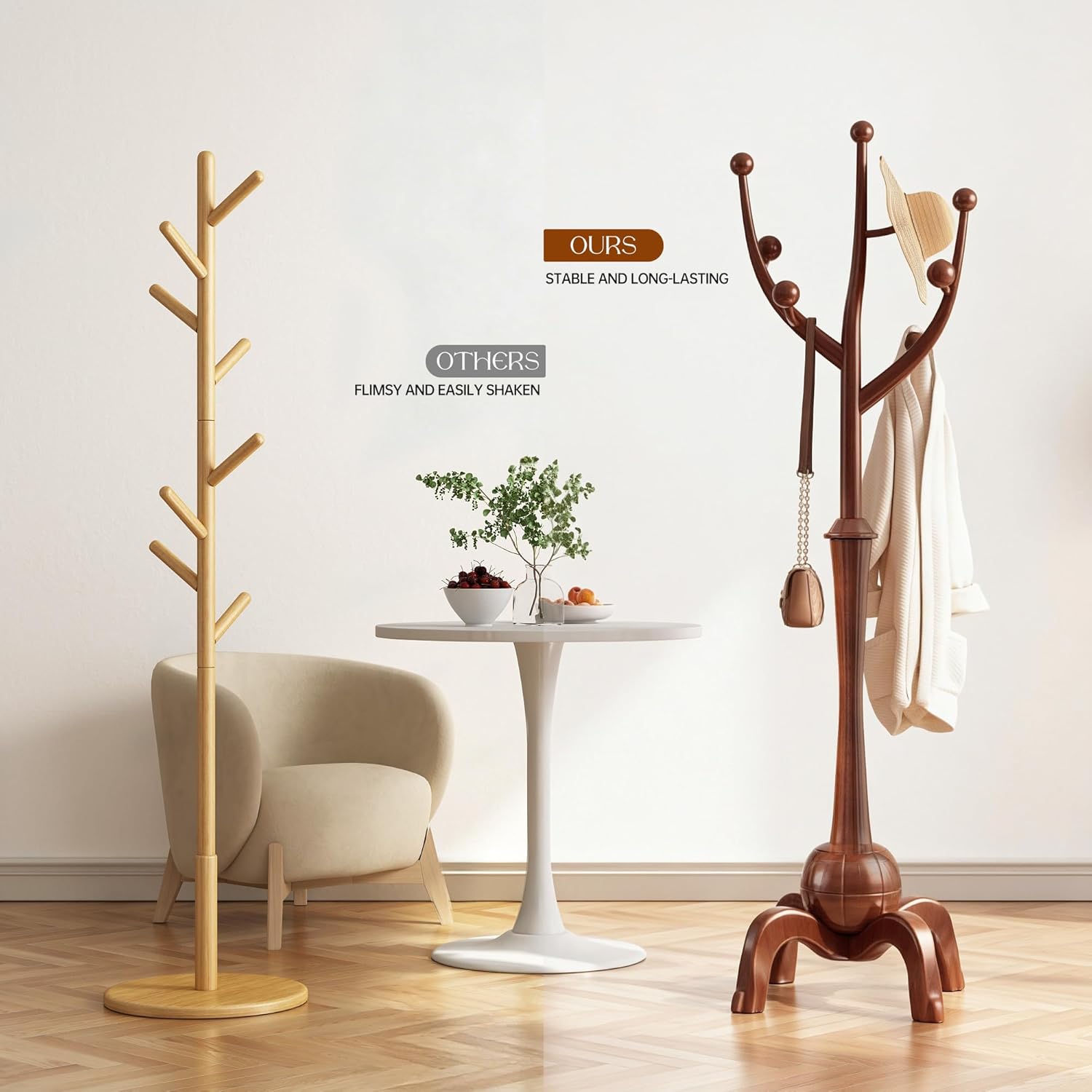 Wood Freestanding Coat Rack with 8 Hooks Wooden Hat Coat Tree Standing Clothes Hanger with Sturdy Sphere Base and Tree Branch Hooks 160lb Load Capacity for Entryway Hallway Bedroom, Walnut