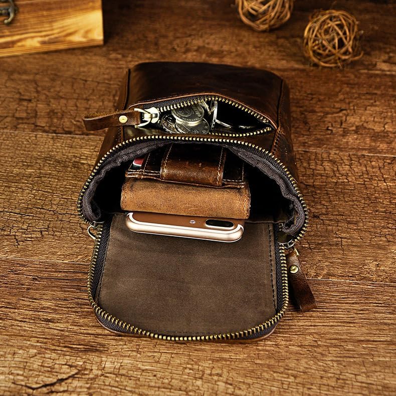 Genuine Leather Mini Messenger Bag for Men Shoulder Bag with Hook Waist Pack Pouch Multipurpose Daypack Gift Box - Image 4