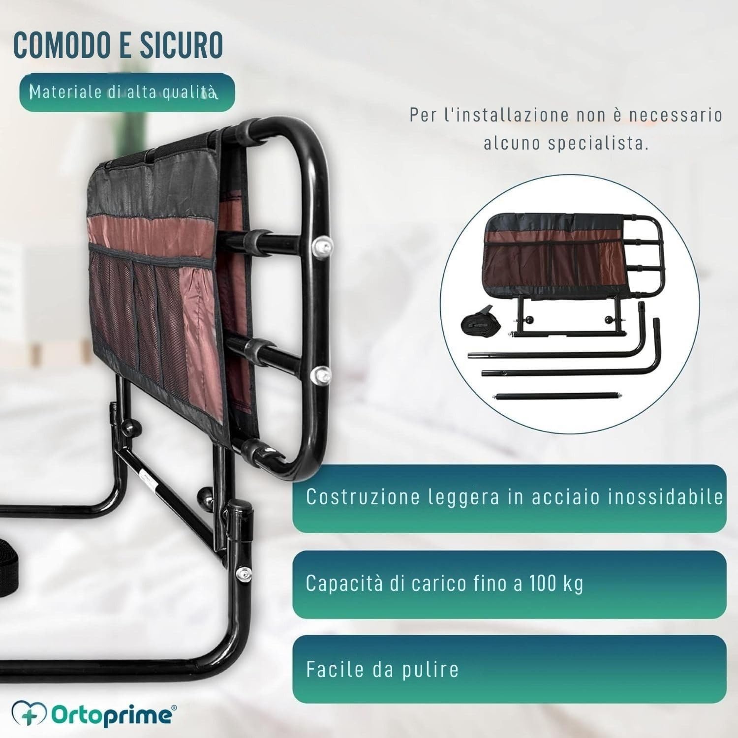 OrtoPrime Sponda Letto Anziani Anticaduta – Maniglia Assistenza Letto Regolabile – Sponde per Letto Anziani – Barriera Letto – Sbarra Letto per Alzarsi in Sicurezza