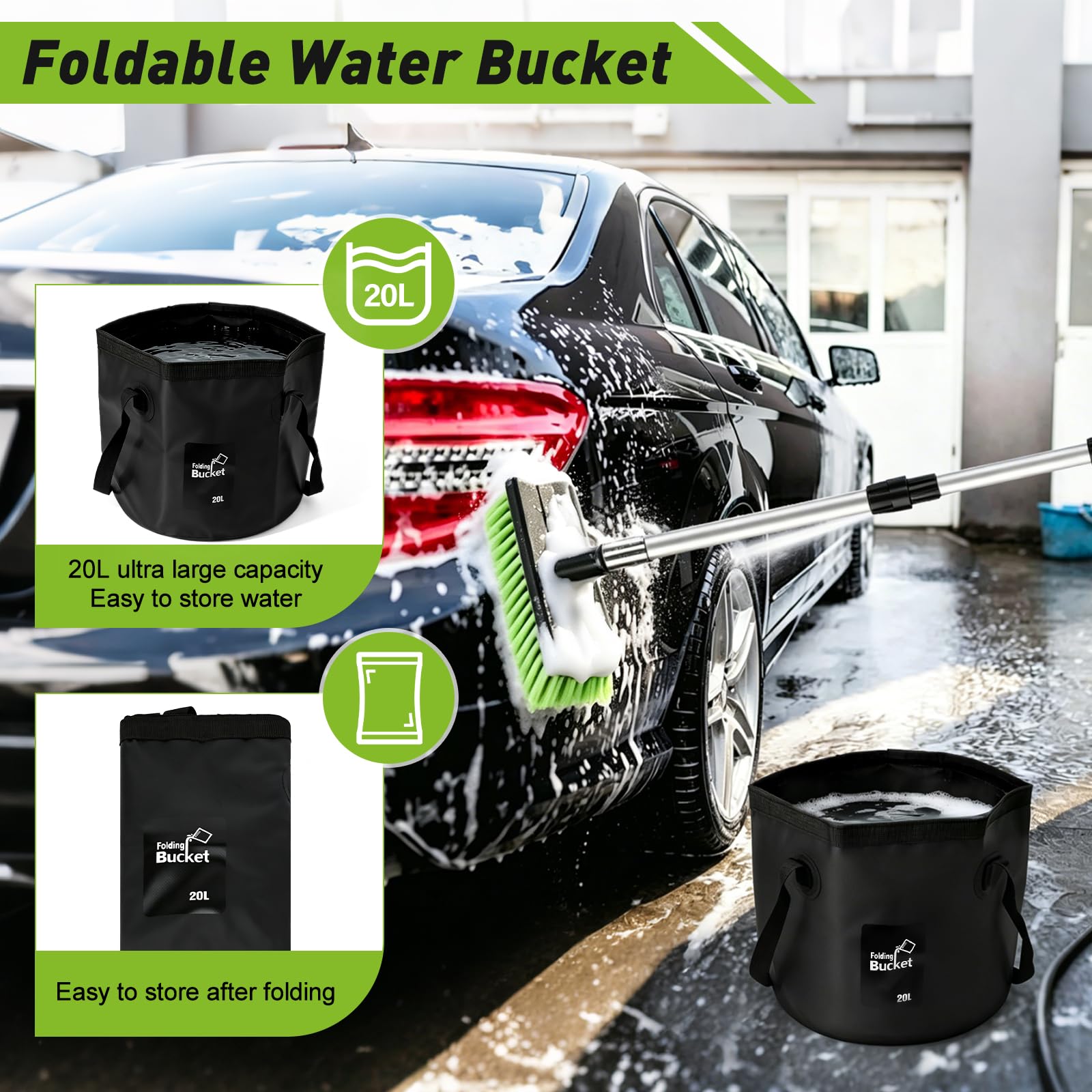 Cepillo extensible de lavado de coche alimentado por agua, mango largo, kit de limpieza de coche de 12 piezas con cepillo de cerdas suaves, fregona y guante de microfibra, limpiador de ventanas