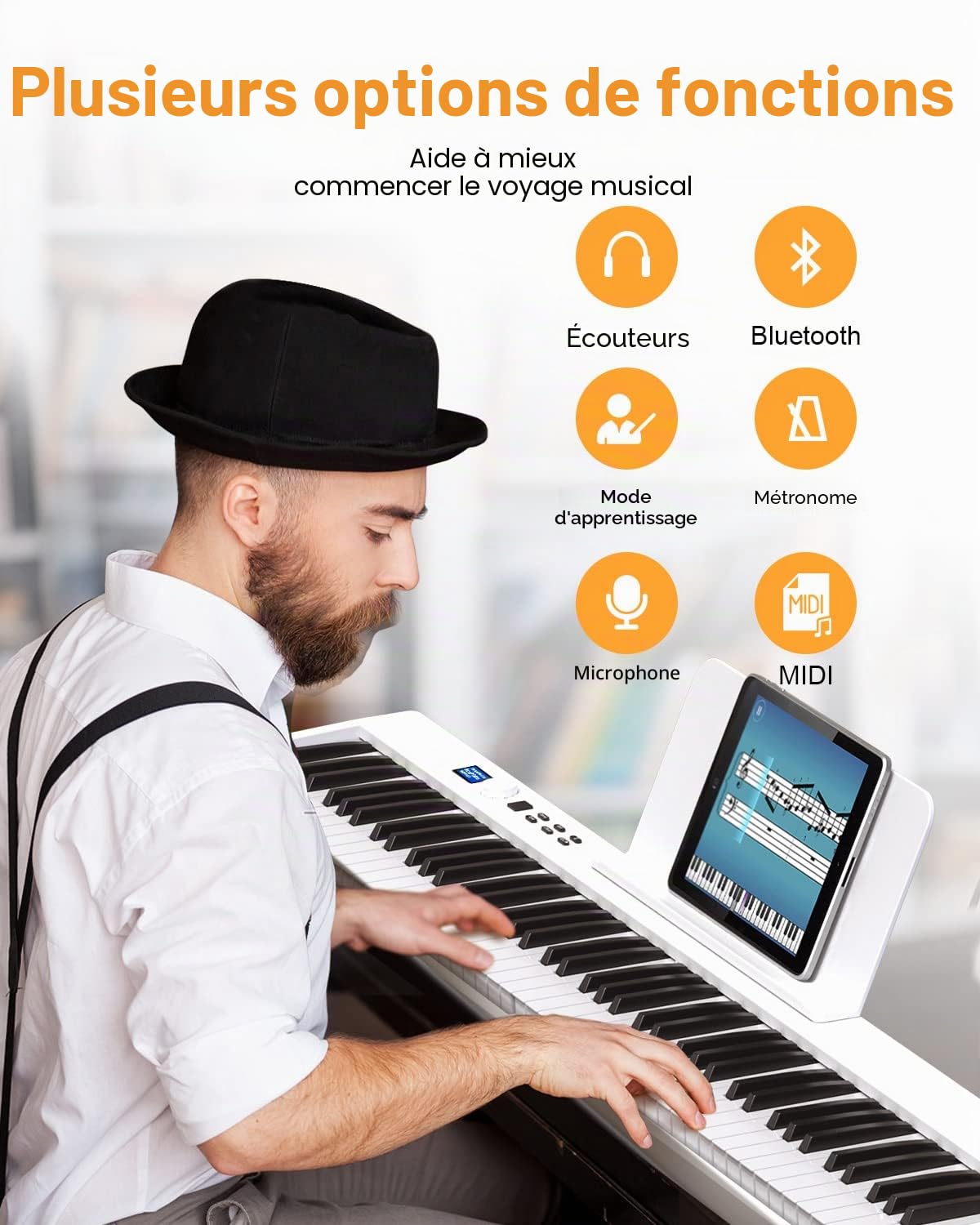 Piano pliable avec 88 touches avec écran LCD et boutons semi-lestés - Prise en charge MIDI Bluetooth - Clavier piano numérique avec sac de piano pour enfants - Cadeau d'anniversaire (blanc)
