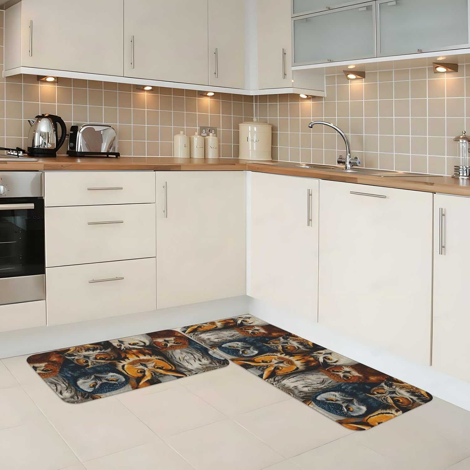 Colorful Owl Print Kitchen Rugs Sets of 2 Non Slip Washable, Anti Fatigue Kitchen Mats for Floor, Home Decor