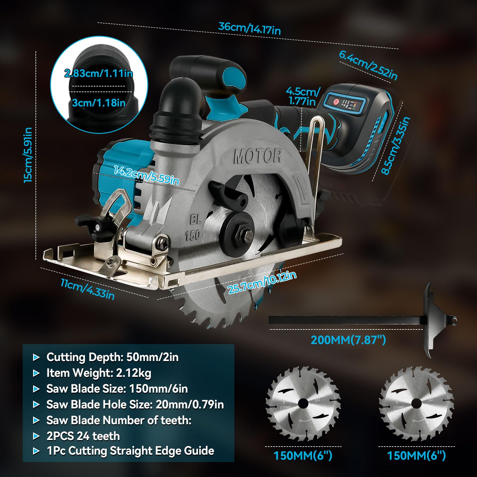 Piła tarczowa akumulatorowa dla Makita, 18 V, 20 V, 6200 U/min, bezszczotkowa piła tarczowa z 2 ostrzami 150 mm, głębokość cięcia i kąt 50 mm (90°) - 33 mm (45°) do drewna, miękkiego metalu, plastiku