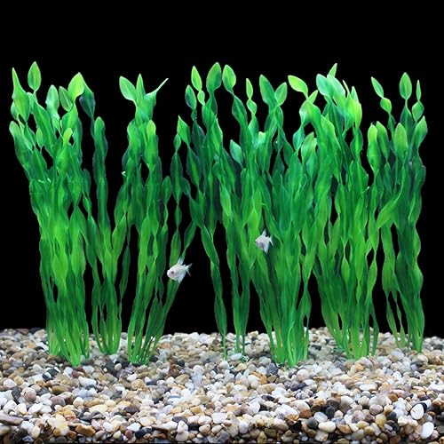 Miniatura 5 de AQUANEAT Plantas artificiales para pecera, decoraciones de algas marinas de plástico para acuario, 11.75 pulgadas de alto, accesorios verdes falsos,