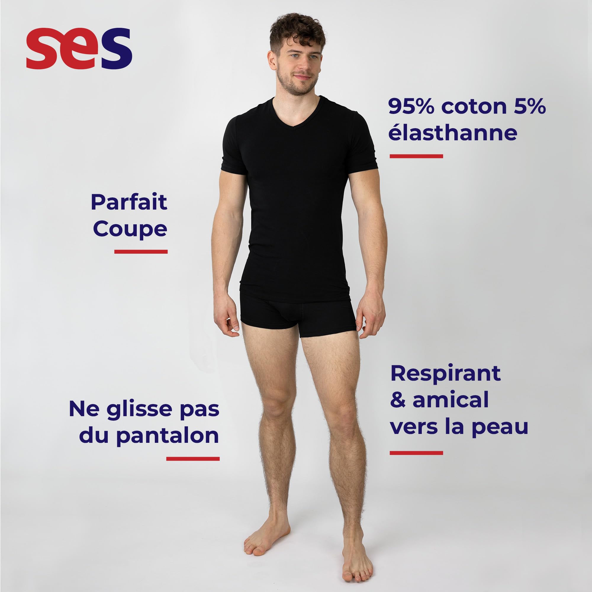 SES Lot de 2 maillots de corps basiques pour homme, avec col en V, 95 % coton, 5 % Eleastan, de qualité supérieure, pour homme, blanc, manches courtes