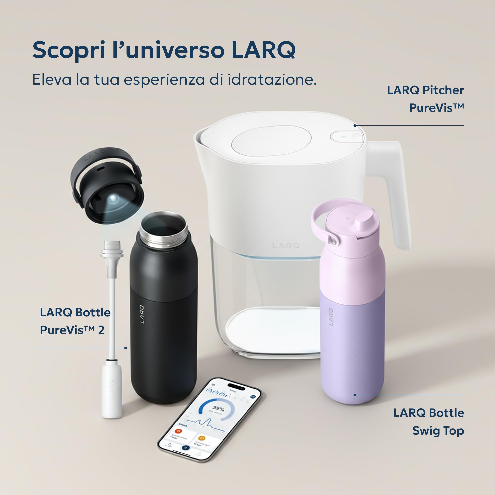 LARQ PureVis 3-in-1 Caraffa Filtrante | Purificazione UV | Monitoraggio Idratazione App | Riduce PFAS, Cloro, Calcare & Piombo | 1,9 L | Garanzia 2 Anni