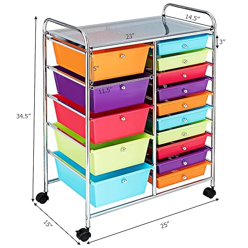Miniatura 3 de RIVALLYCOOL Carrito de almacenamiento rodante con 15 cajones, organizador de papel móvil para libros, carrito de herramientas con ruedas, ideal para