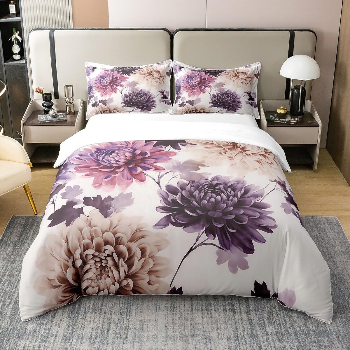 Chrysanthemum Duvet Cover Set 100% Natural Cotton Twin Size Watercolor Romantic Floral Super Soft Bedding Set 2 PCS Japanese Ukiyo-e Prints Cotton Comforter Cover for Bedroom Decor(No Comforter)
