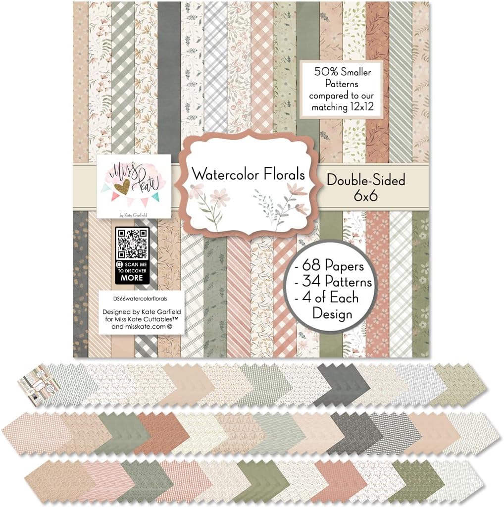 Pattern Paper Pack - Watercolor Florals - 6x6 Double-Sided Scrapbook Paper - 64 Sheets - Romantic Botanical Pastel Floral Prints for Card Making, Journaling, Crafts - by Miss Kate Cuttables