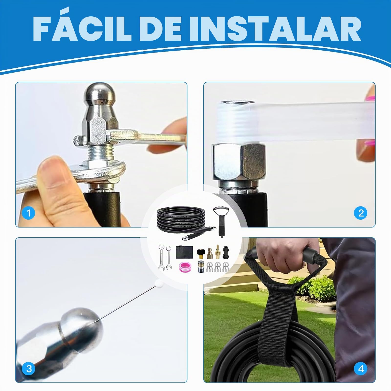 Kit de Manguera para Limpieza de Tuberías - 400 bar / 140°C - Compatible con Kärcher K2-K7 y Bosch - Incluye Adaptadores y Boquillas de Limpieza - Para Desagües y Tubos Obstruidos - Uso Universal