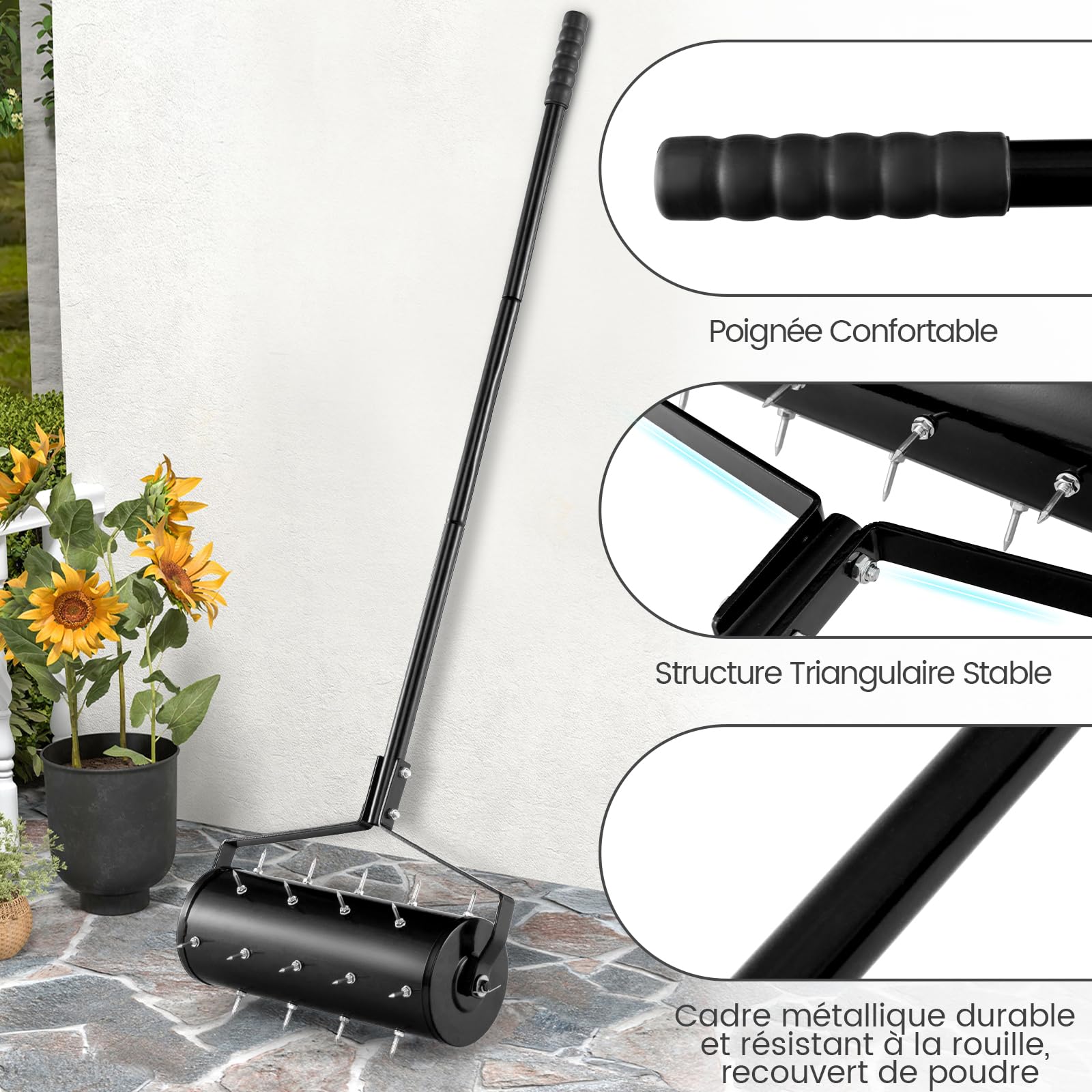 RELAX4LIFE Scarificateur Gazon Manuel 45CM avec Poignée &Rouleau à Pointes Rotatives, Rouleau Aérateur Gazon de Pelouse en Métal pour Jardin Cour Patio (5.5L | 45x130CM, Noir)