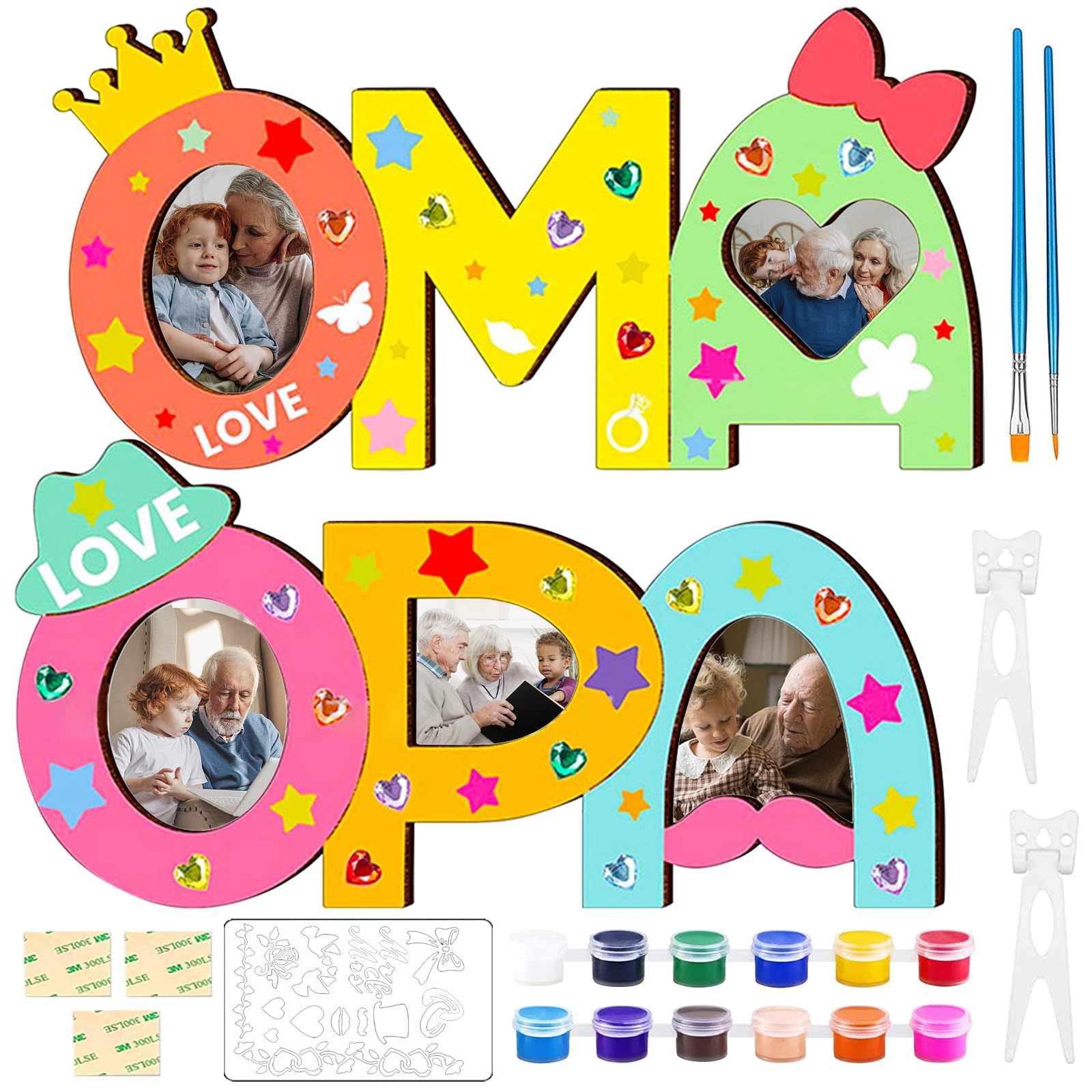 Hestya - Set Creativo Di Lettere In Legno Per Nonni Da Parte Dei Nipoti. Include 2 Lettere ("Nonna" E "Nonno") Da Decorare Con Pigmenti, Adesivi Con Gemme E Pennelli. Supporti Inclusi Per Esposizione Su Mensola O Tavolo. Regalo Di Natale O Compleanno Fai-da-te.