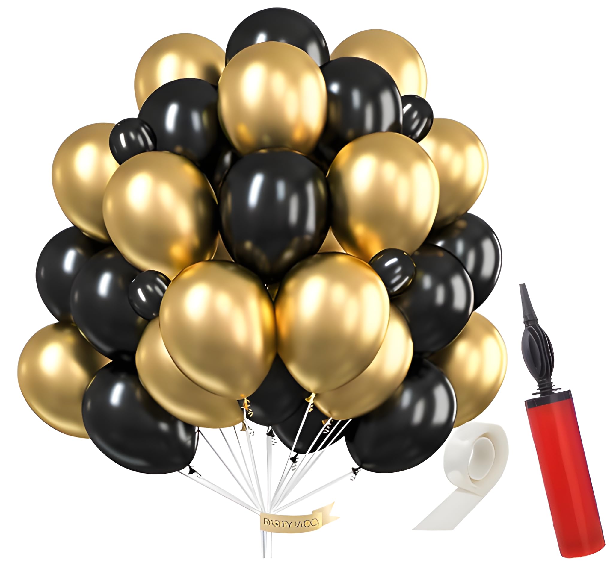 HC Enterprises Golden Black Balloons with Balloon Manual Hand Pump and Glue Dot Pack of 32 for birthday decoration items also suitable for Anniversary, Wedding, Celebration, Party