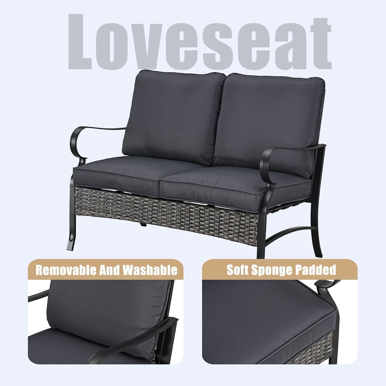 PatioFestival 2 Pieces Patio Wicker Loveseat with Coffee Table Outdoor Bench with Cushion,All Weather Rattan Conversation Garden Sofa for Yard and Bistro