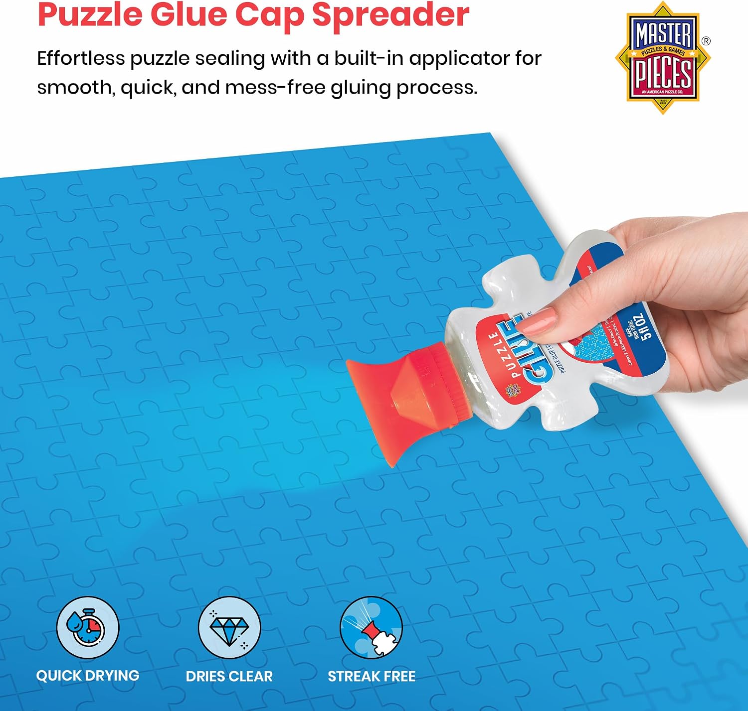 MasterPieces Puzzle Glue 5oz Shaped Bottle - Clear - Jigsaw Puzzle with Vibrant Artwork and Durable Pieces - Fun Family Activity, Brain Challenge, and Educational Entertainment for Teens and Adults
