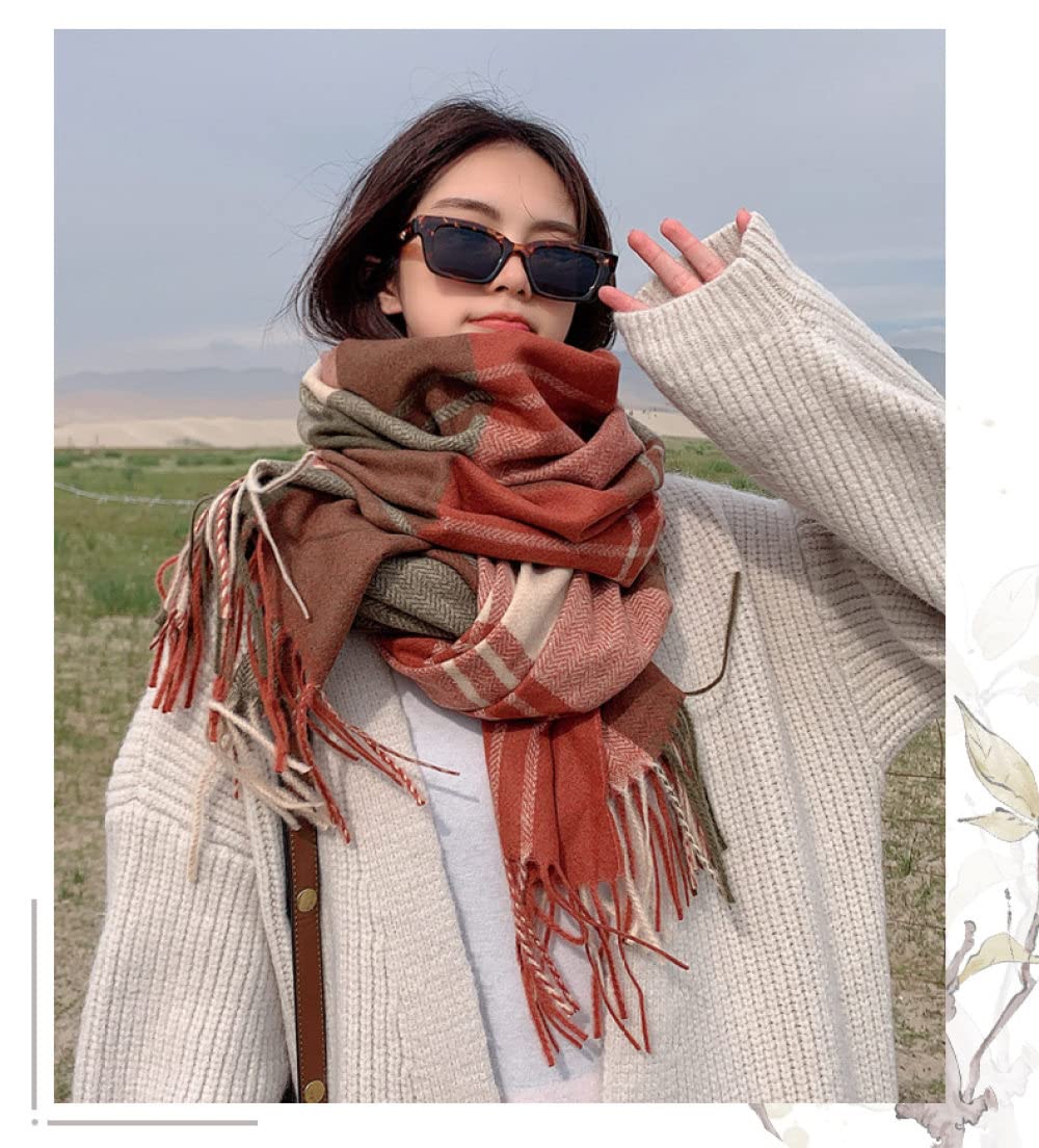HGJH Strickschal Damen Winterschals Orange Weich Warm Dick Warm Decke Quaste Tartan Kaschmir Gefühl Stil Lang Groß Schal Winterdecke Schal Trendige Stola Schals Für Frauen Mädchen