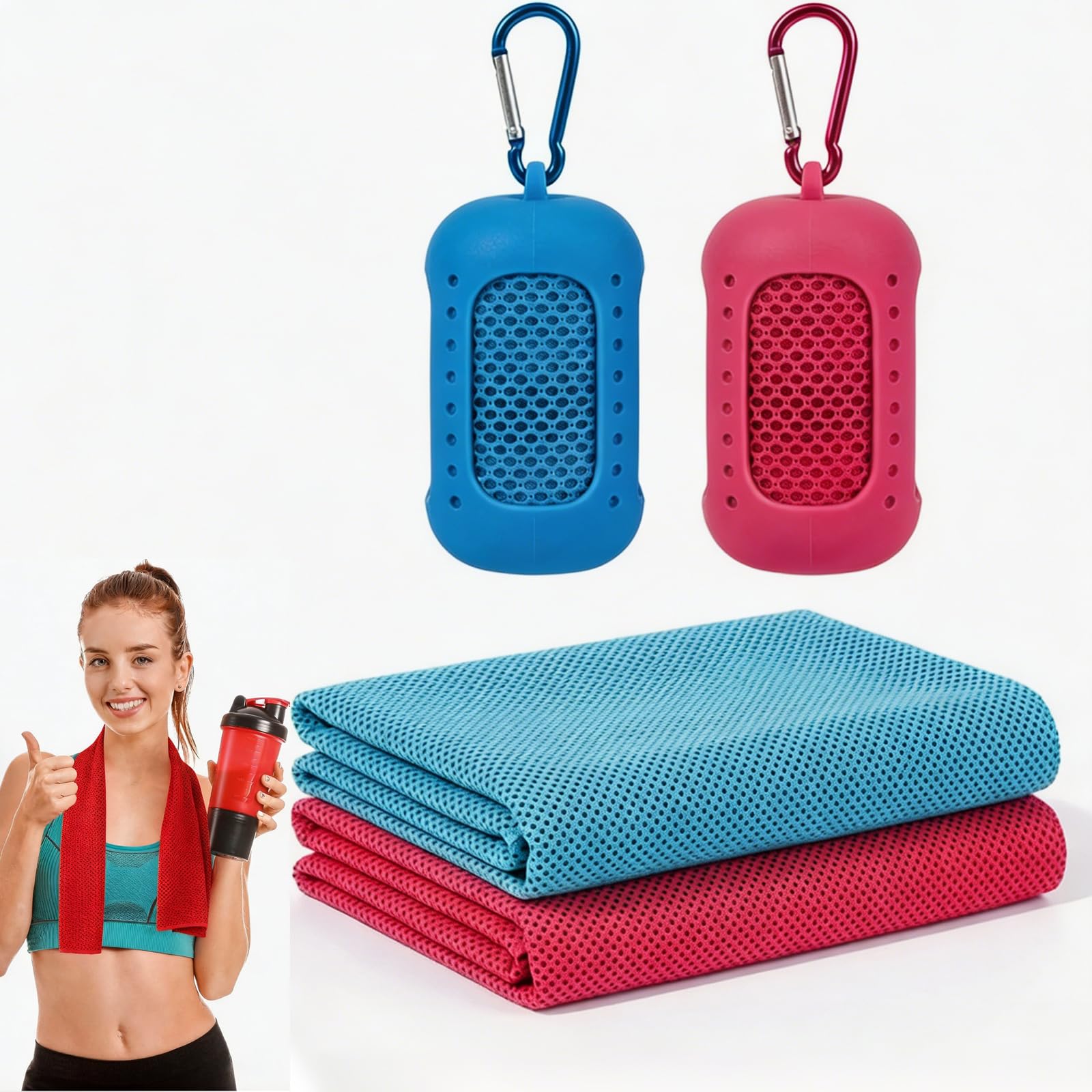 Moxychrony 2 Pcs Cooling Towels, Gym Towels For Women With Portable Silicone Sleeves, Sweat Towels For Gym, Hot Yoga Towel, Instant Cooling For Outdoor Sports, Blue and Red(90x30cm)