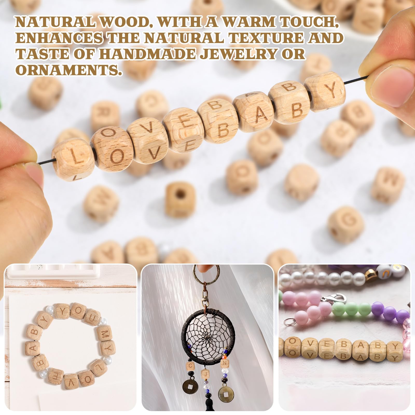 PACKOVE Cuentas Sueltas de Madera Natural Alfabeto, 260 Piezas 26 Letras Cuadradas, Cuentas de Letras para Manualidades, Joyería, Pulseras y Proyectos DIY de Artesanía