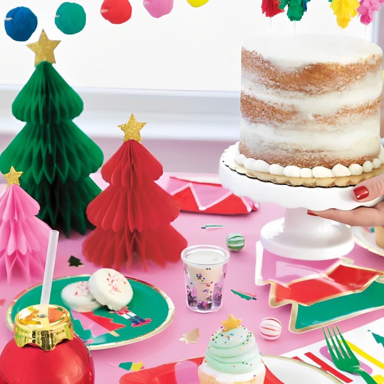 Assorted Colors Tree Honeycomb Tissue Centerpieces with Diecut Glitter Stars - (Pack of 3) - Perfect for Holiday Parties, Christmas Decor, and Festive Celebrations