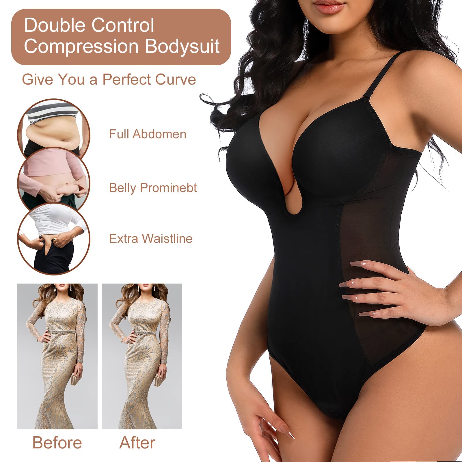 Decorus Body Shaper for Women Tummy Control Invishaper Plunge Backless Thong Shapewear Open Crotch Low Back Bodysuit Daily Use