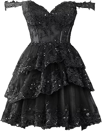 Sparkly Off Shoulder Lace Homecoming Dresses Short for Teens 2025 Tiered Tulle Prom Formal Party Gowns for Teens 886