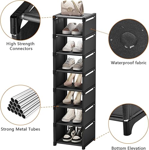 Miniatura 5 de Zapatero vertical de 8 niveles, estante alto de metal para zapatos, organizador de almacenamiento de zapatos, apilable y estrecho para puerta