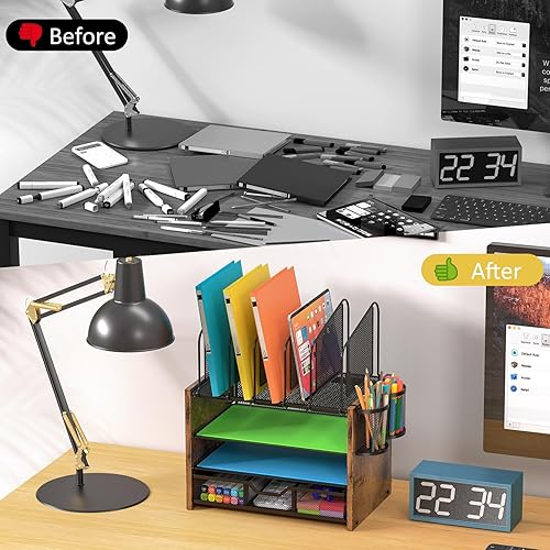 Miniatura 7 de Organizador de escritorio de malla de 4 niveles, organizador de archivos de escritorio de madera con 5 soportes verticales para archivos y 2