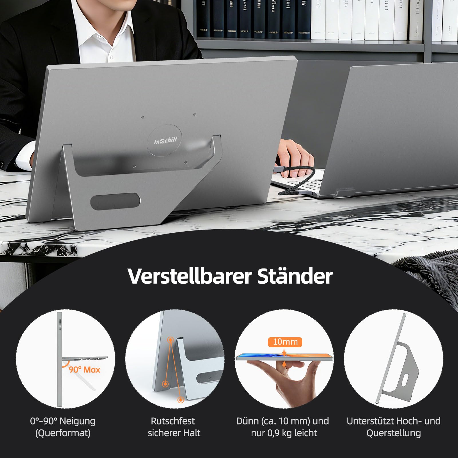 Intehill Portable Monitor Touchscreen 16 Zoll 2,5K 120Hz Gaming, Tragbarer Monitor Touchscreen, USB-C Monitor mit 10-Punkt Multi-Touch, 400Nits, 100% sRGB, Glänzend, VESA, Alu-Gehäuse