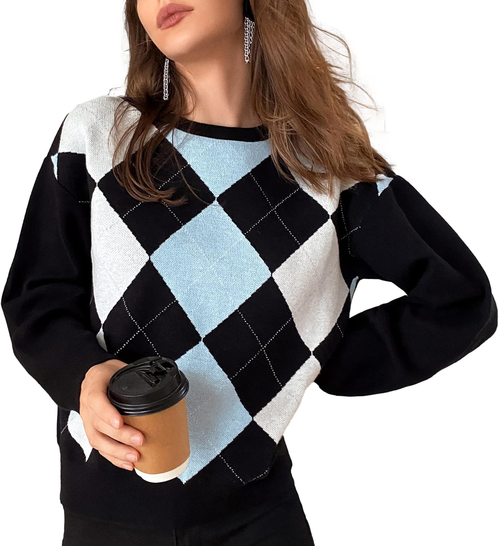 Women/Teen Girls Trendy Argyle Plaid/Heart Knit Sweater Pullover Long Sleeve Y2K Sweater Top Shirt Soft Stretchy Winter