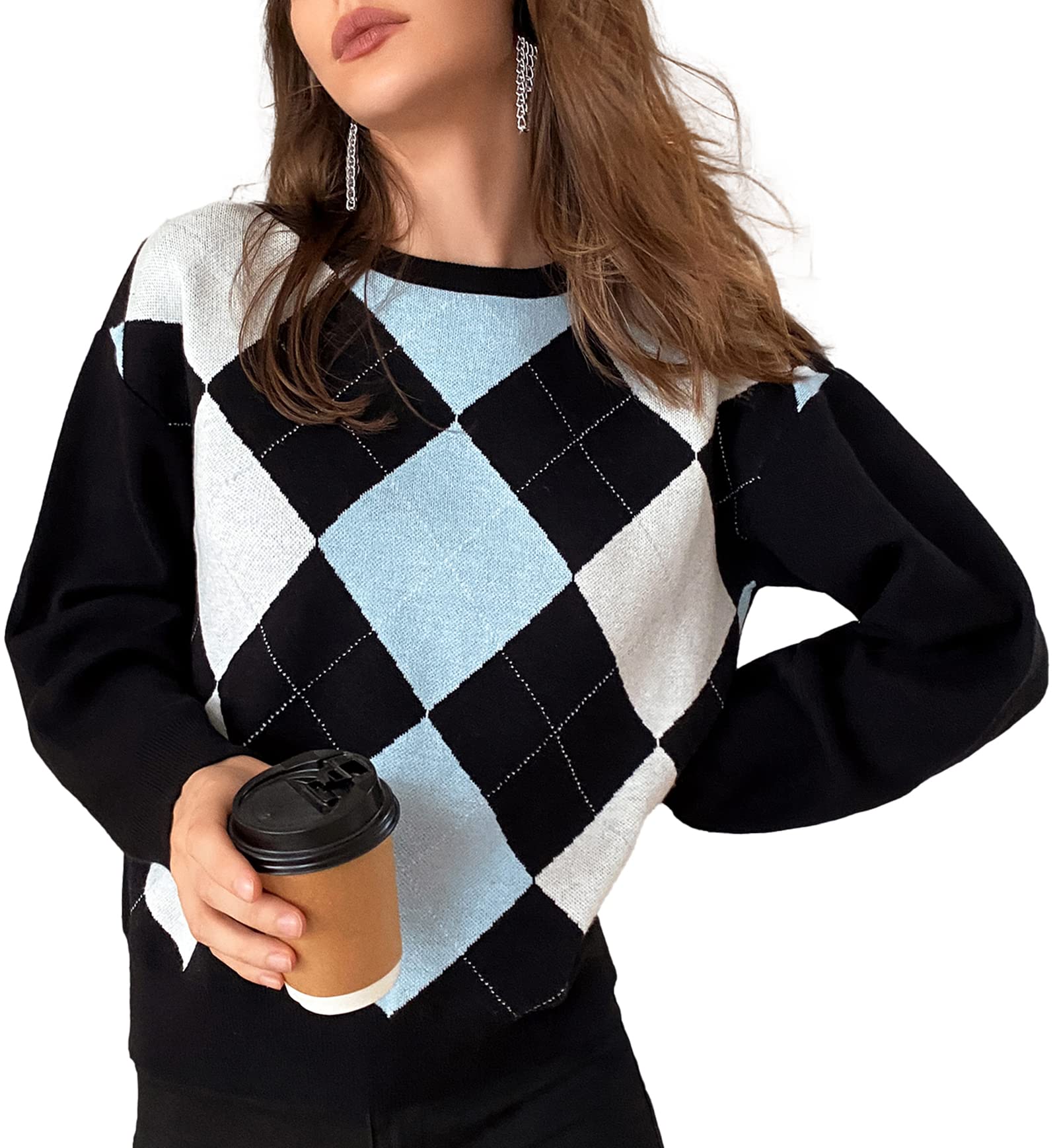 Women/Teen Girls Trendy Argyle Plaid/Heart Knit Sweater Pullover Long Sleeve Y2K Sweater Top Shirt Soft Stretchy Winter