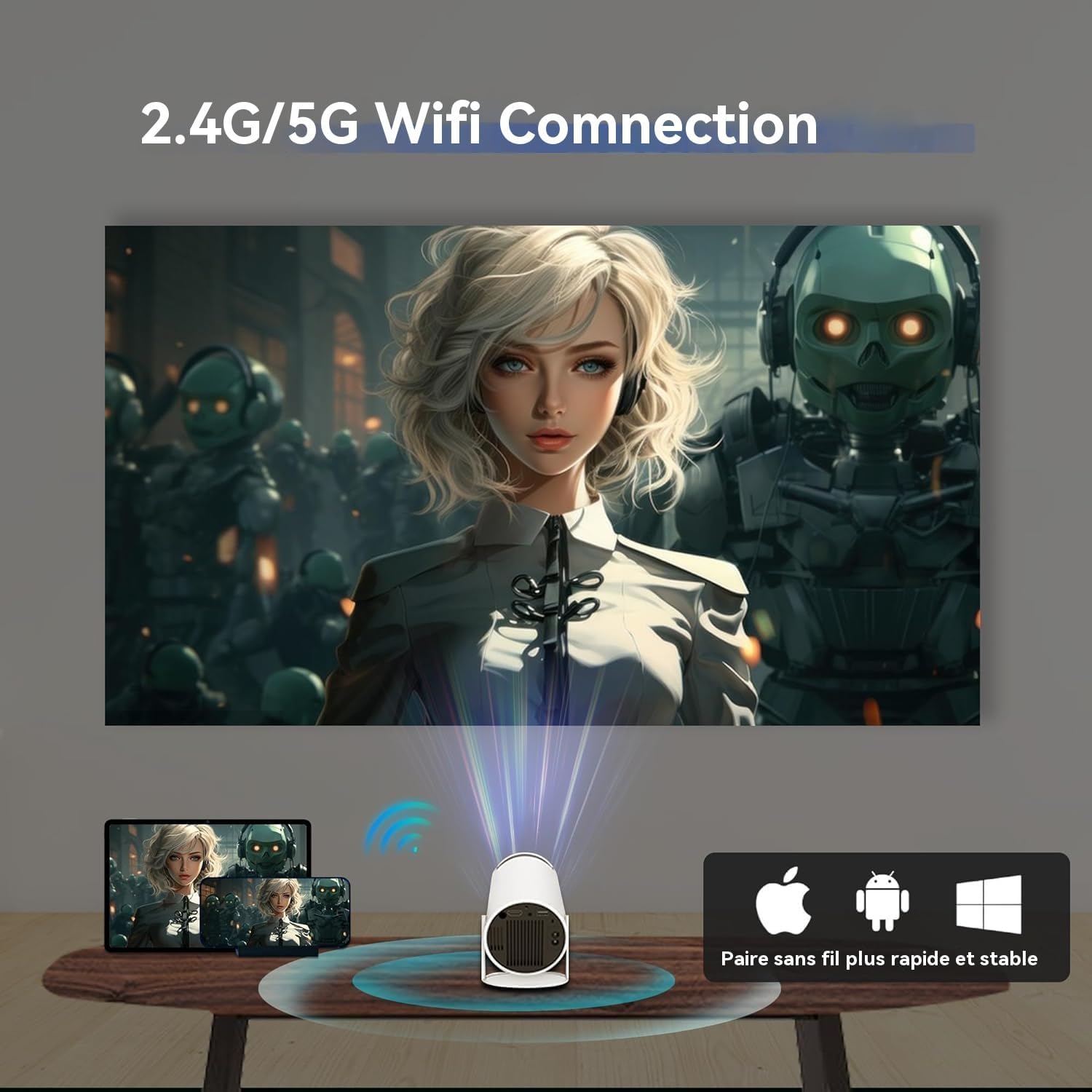 Vidéoprojecteur Portable WiFi/Bluetooth, Projecteur 4K Compatible 1080P Natif 180° Rotation Keystone Auto pour Home Cinéma Extérieur