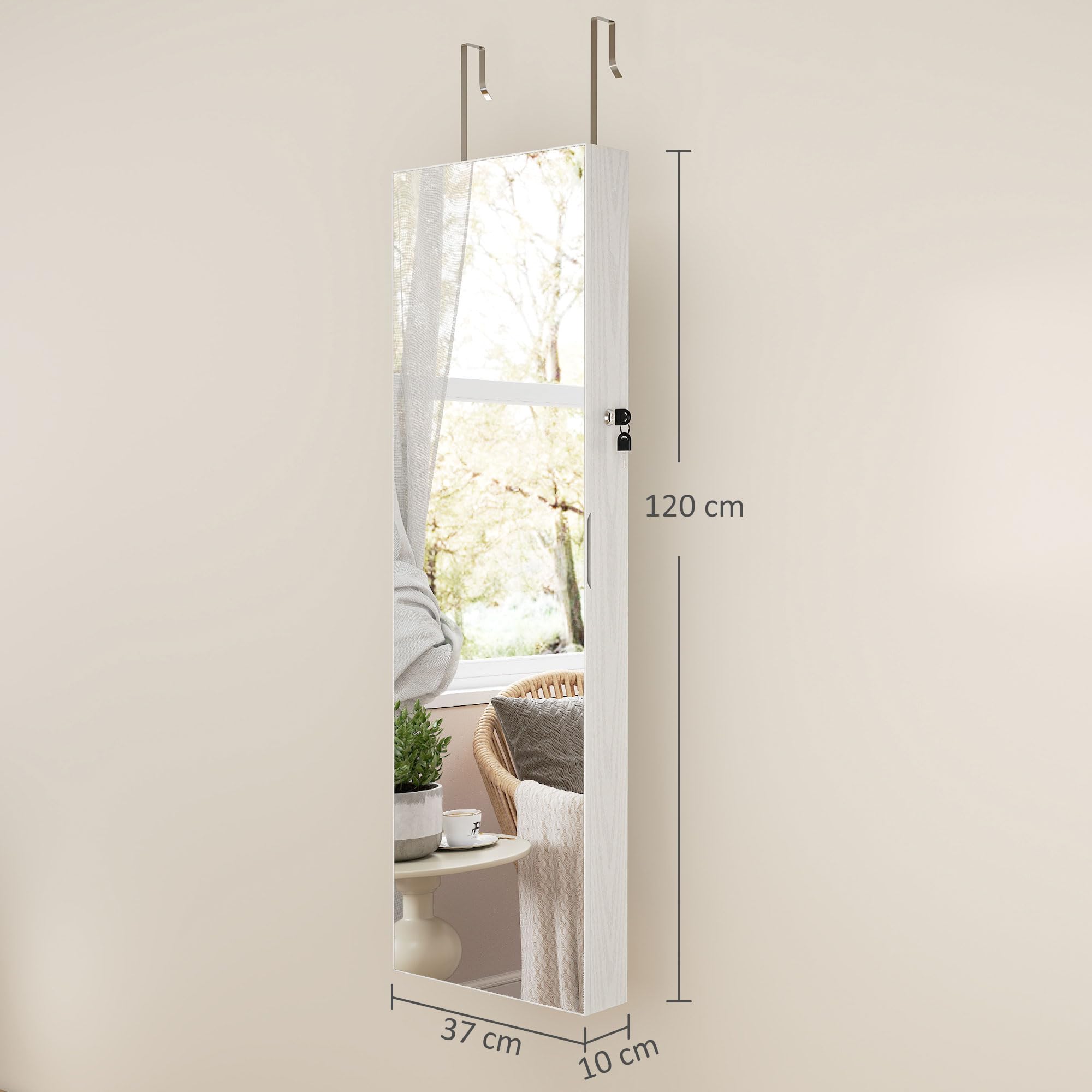 HOMCOM Espejo Joyero con 6 Luces LED, Armario para Joyas con Cerradura, Espejo Entero sin Marco, Blanco
