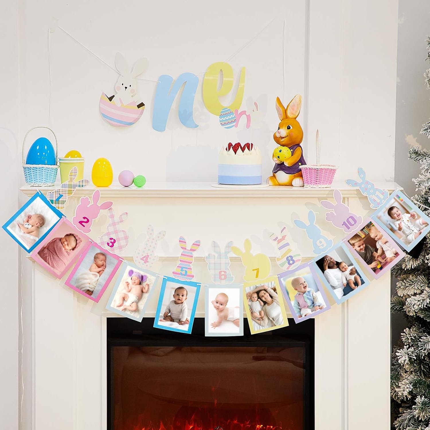 Epakh Easter 1st Birthday Photo Banner for Newborn to 12 Months, Rabbit High Chair Banner and Cake Topper, Bunny Baby Milestone Photo for Some Bunny Is One First Birthday Decoration