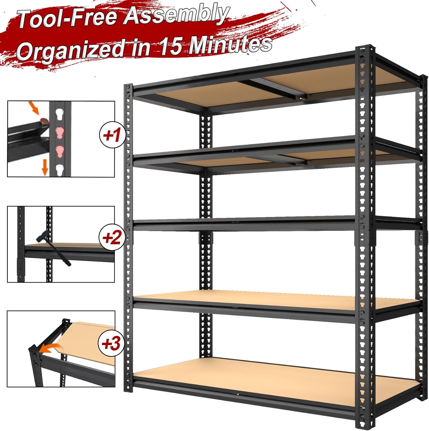 Garage Racks for Storage，5-Tier Adjustable Garage Shelving Storage Shelves,2400LBS Capacity Heavy Duty Shelving for Carport Warehouse Basement,72" H x40 W x20 D - Image 6
