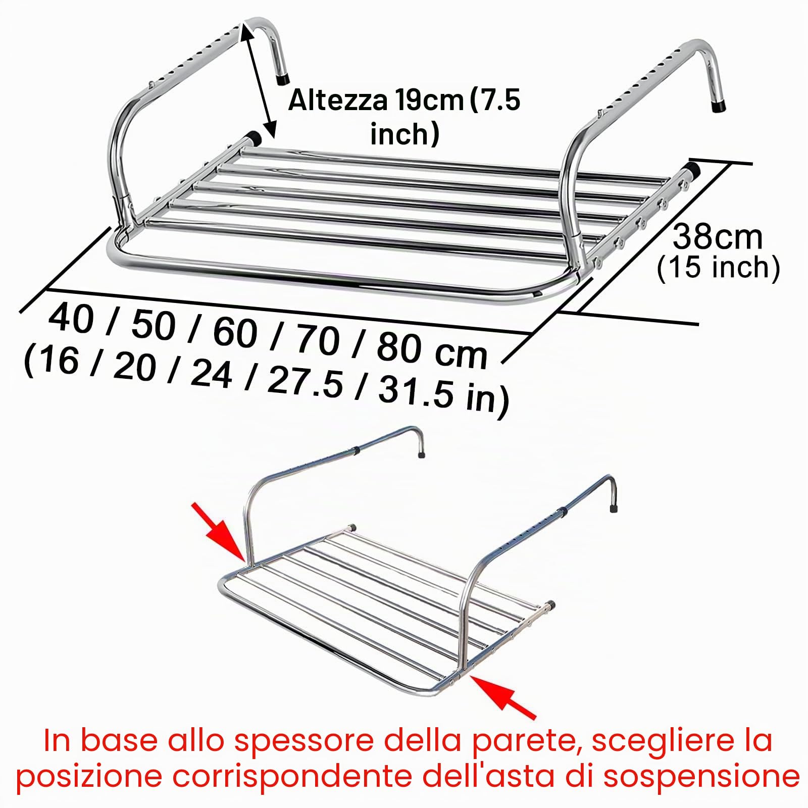 Stendibiancheria Stendino Pieghevole, Stendibiancheria in Acciaio Inox Larghezza da 40 A 80cm Portata 20kg Stendibiancheria da Balcone Stendino per Interno Ed Esterno, Praticità