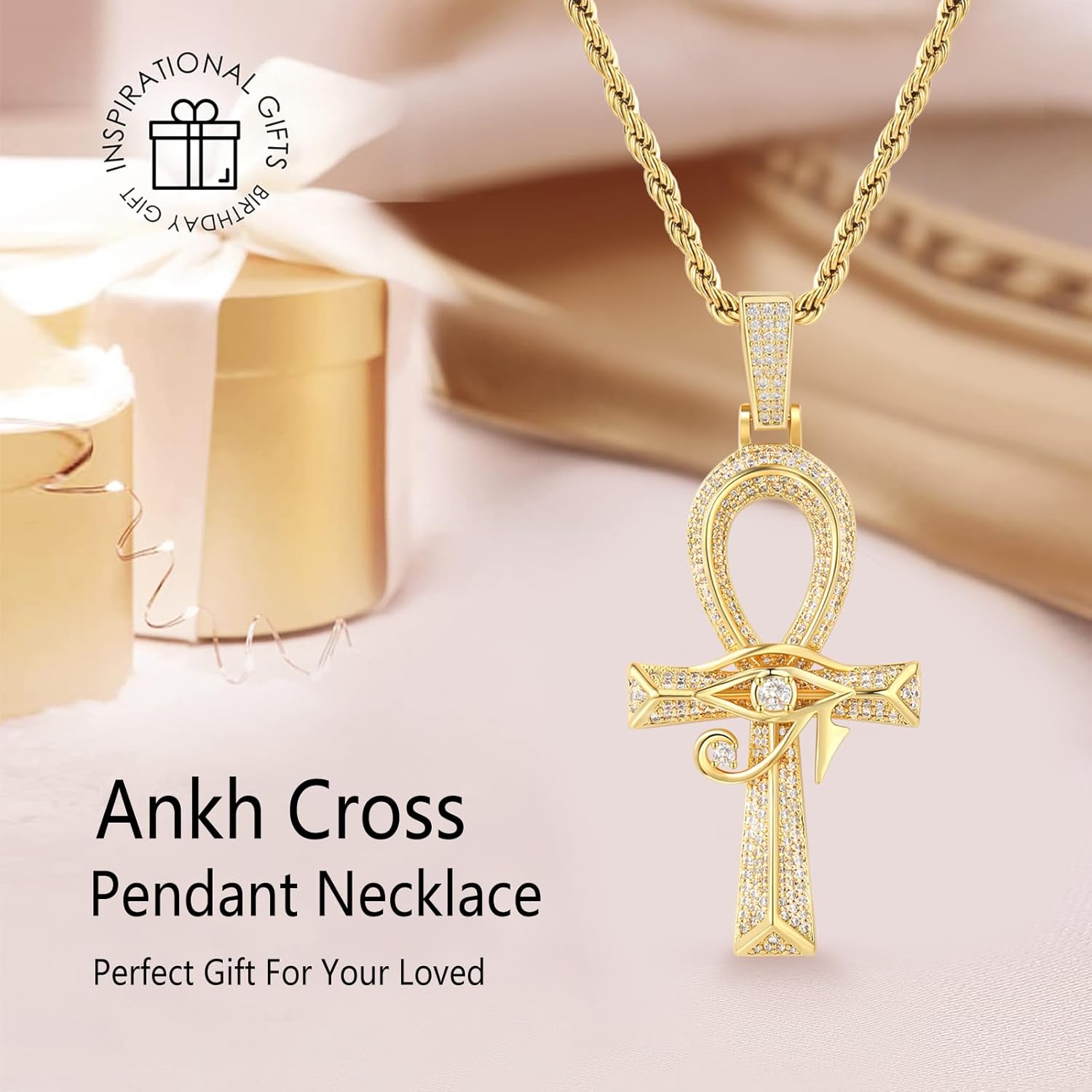 Eye of Horus Ankh Cross Pendant Necklace 18K White Gold Plated Iced Out CZ Bling Ancient Egyptian Religious Symbol Protection Chain Jewelry for Men Women Christmas Birthday Gift - Image 3